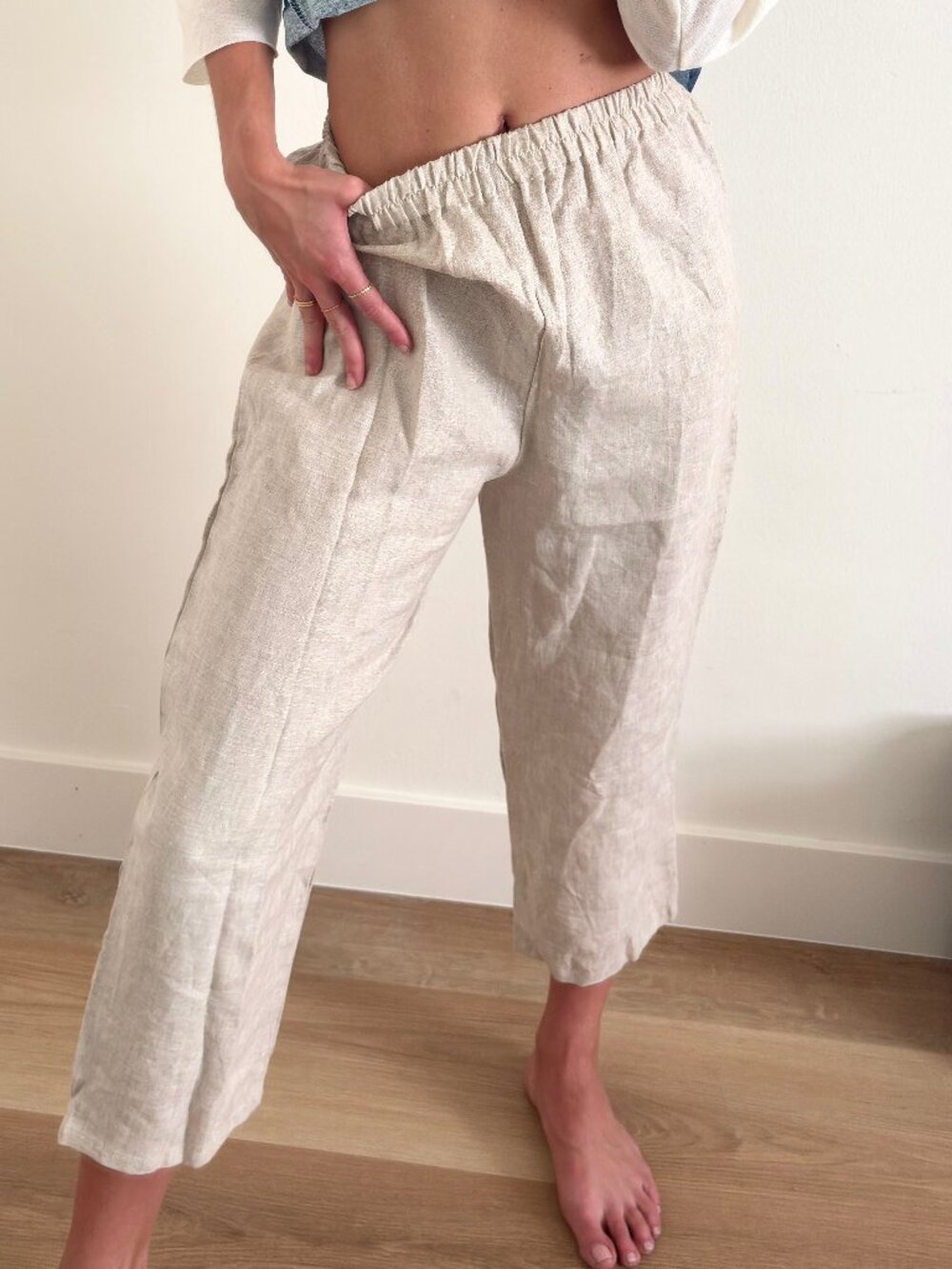 Cream Linen Cropped Pants Elastic Waist Lightweight Boho Beachy Coastal